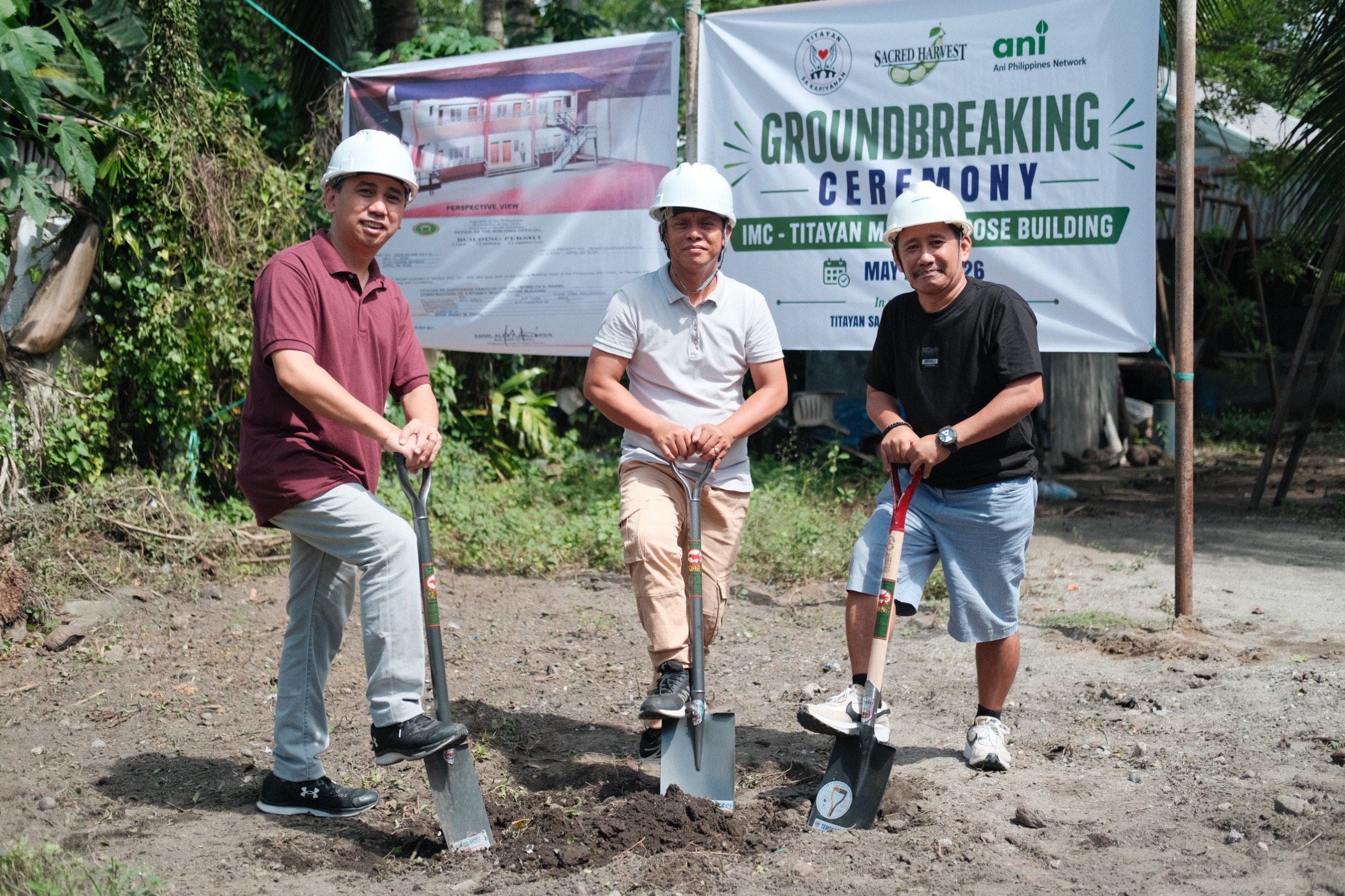 A groundbreaking ceremony for a Sacred Harvest and ANI community building in Mindanao